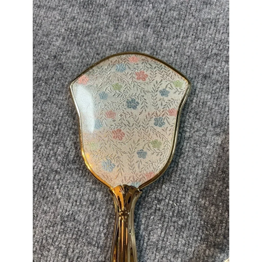 Vintage Gold Vanity Hand Mirror & Brush Set Floral Brocade Back Mid Century Boud